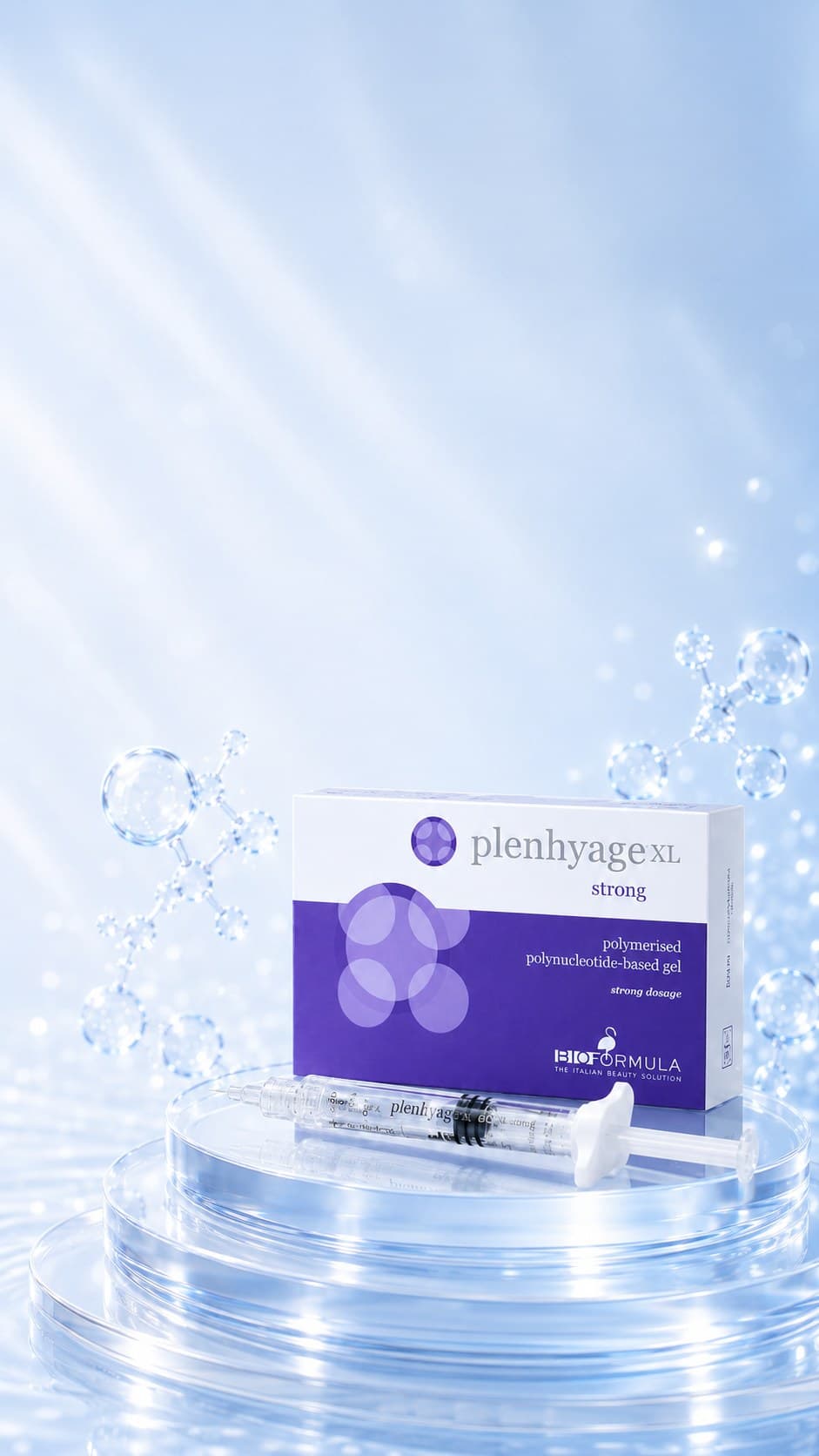 Plenhyage XL Strong — cutie și seringă preumplută pe platforme de sticlă