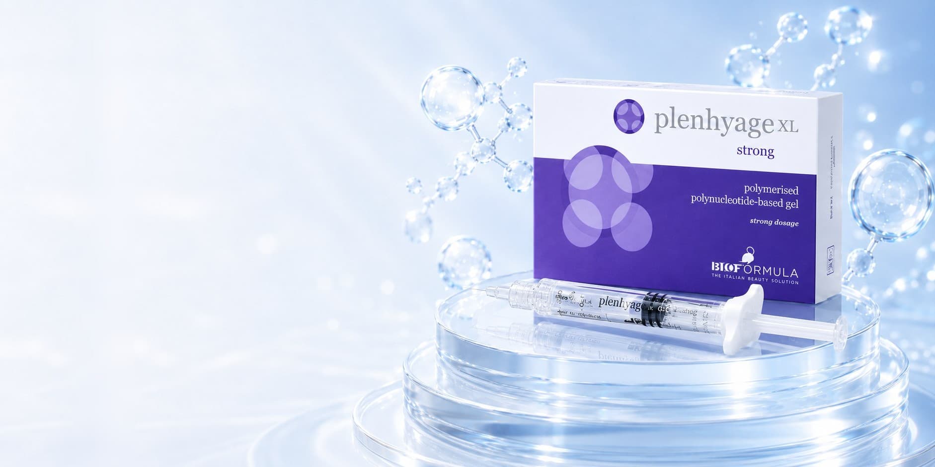 Plenhyage XL Strong — cutie și seringă preumplută pe platforme de sticlă