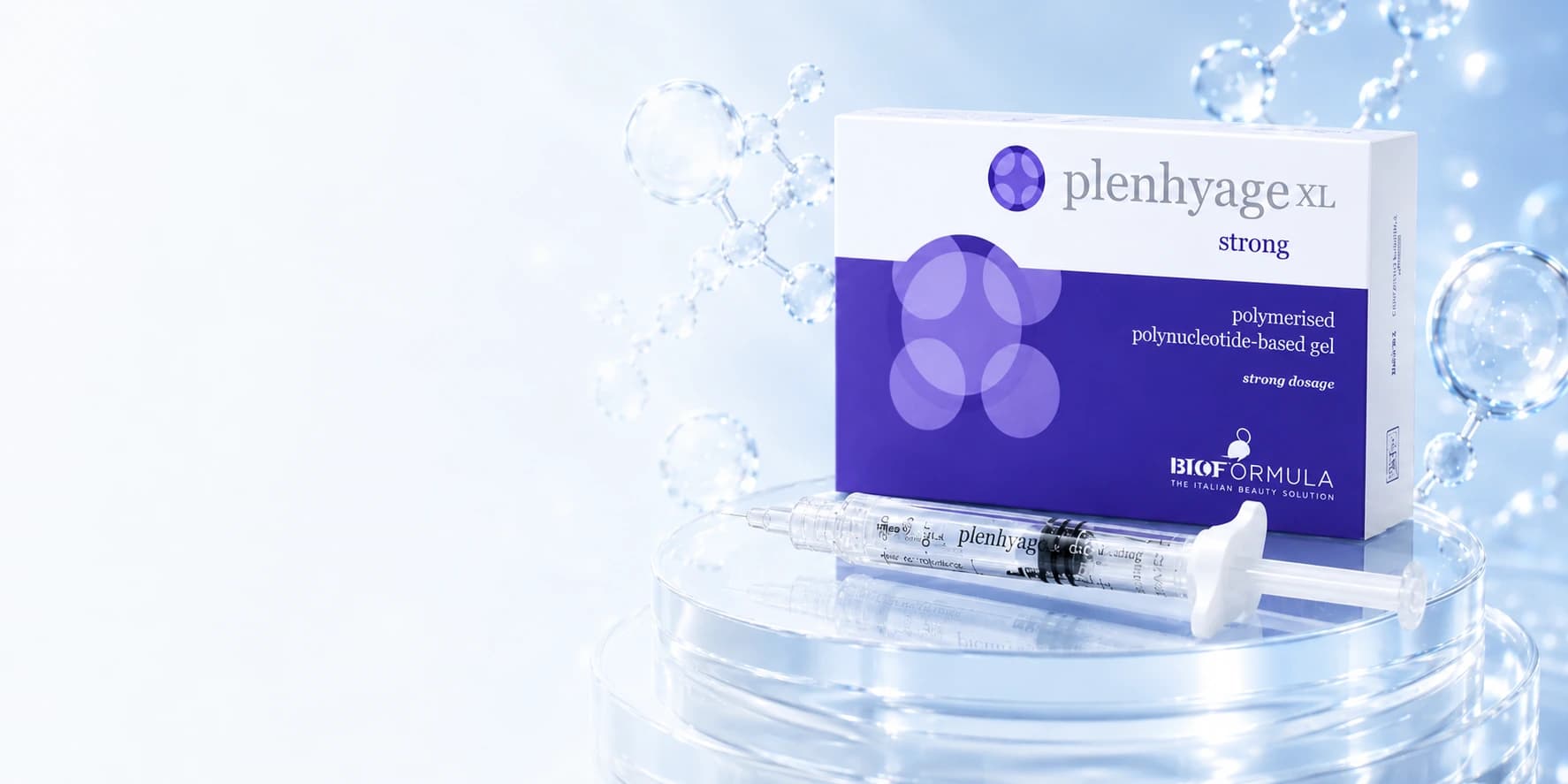 Plenhyage XL Strong — cutie și seringă preumplută pe platforme de sticlă